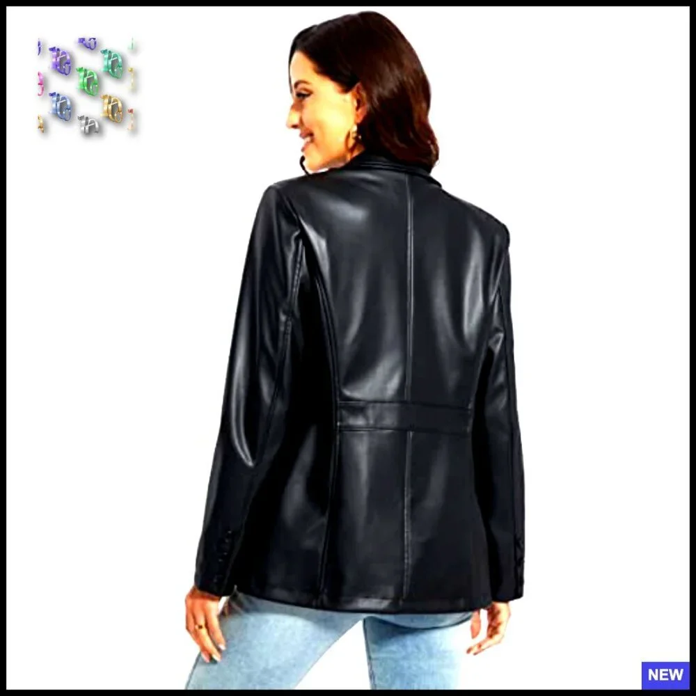 Faux Leather Blazer Jacket Oversized Moto Biker Coat Vegan Pleather Chic